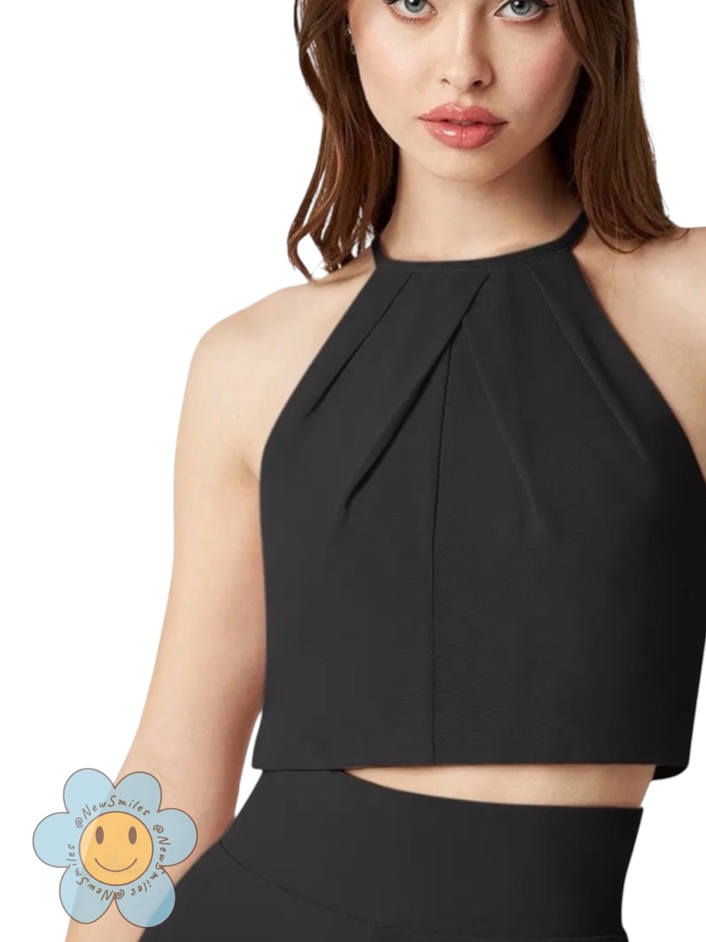 Azazie Black Halter Crop Top with Pleated Neckline